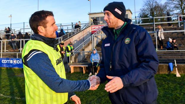 Kildare manager David Herity, left, and Offaly manager Michael Fennelly shake hands after the Kehoe Cup Round 1 match between Offaly and Kildare at St Brendan's Park in Birr, Co Offaly. The former Kilkenny team-mates will go head to head again this weekend in the Christy Ring Cup.