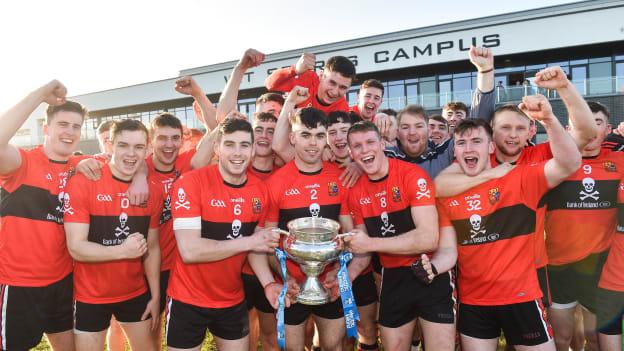 UCC players celebrate after winning the 2019 Fitzgibbon Cup. 