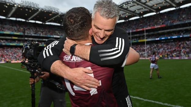 Pádraic Joyce celebrates with Damien Comer following the All-Ireland SFC semi-final win over Derry at Croke Park.