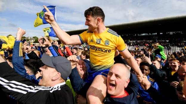 Roscommon goalscorer Diarmuid Murtagh celebrates with supporters at Pearse Stadium on Sunday.