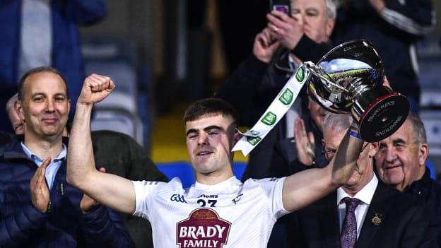 Kildare captain Aaron Browne lifts the cup after the EirGrid Leinster GAA Football U20 Championship Final match between Dublin and Kildare at MW Hire O'Moore Park in Portlaoise, Laois. 