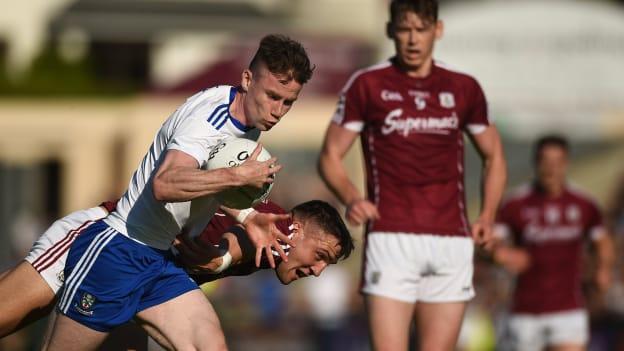 Karl O'Connell and Damien Comer collide during last Saturday's clash between Monaghan and Galway at Pearse Stadium.