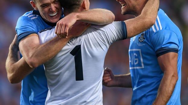 Stephen Cluxton celebrates with Brian Fenton, left, and James McCarthy, right, following the GAA Football All-Ireland Senior Championship Final Replay match between Dublin and Kerry at Croke Park in Dublin. 