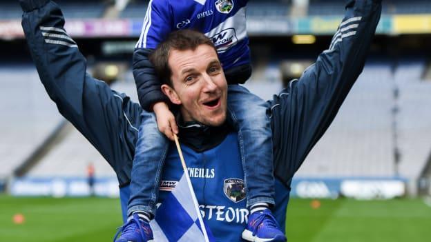 John Sugrue celebrates with his son Conor, age 5, after managing Laois to victory over Carlow in the 2018 Allianz Football League Division 4 Final. 