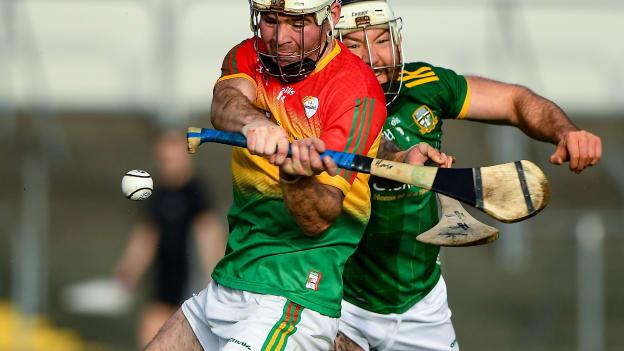 Martin Kavanagh of Carlow in action against Michael Burke of Meath during the Joe McDonagh Cup Round 3 match between Carlow and Meath at Netwatch Cullen Park in Carlow. 