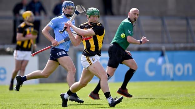 Martin Keoghan of Kilkenny in action against Seán Moran of Dublin during the Allianz Hurling League Division 1 Group B Round 1 match between Dublin and Kilkenny at Parnell Park in Dublin. 