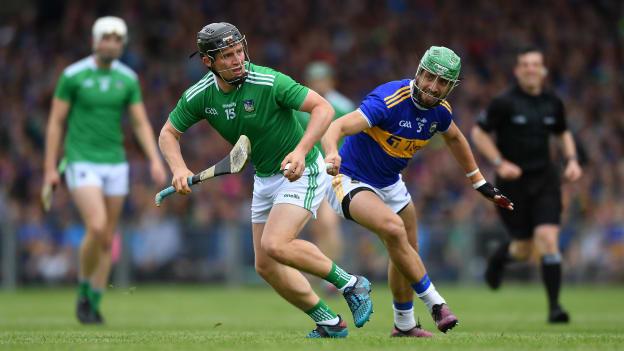 Peter Casey, Limerick, and James Barry, Tipperary, during the Munster SHC Final at the LIT Gaelic Grounds.