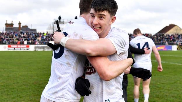 Kildare players Kevin Feely, left, and Daragh Ryan celebrate after their side's victory in the 2022 Allianz Football League Division 1 match between Kildare and Dublin at St Conleth's Park in Newbridge, Kildare. 