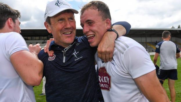 Kildare manager Jack O'Connor celebrates with Brian McLoughlin after their side's victory in the Allianz Football League Division 2 semi-final match between Kildare and Meath at St Conleth's Park in Newbridge, Kildare. 