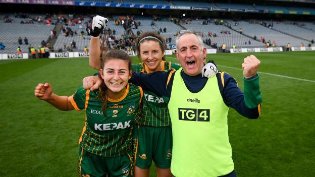 Meath manager Eamonn Murray celebrates with Emma Troy, left, and Niamh O'Sullivan following the 2021 TG4 All-Ireland Senior Ladies Football Championship Semi-Final match between Cork and Meath at Croke Park in Dublin. 