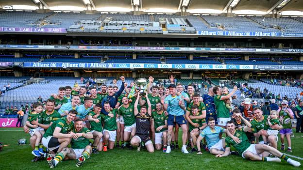 Meath players celebrate with the trophy after their side's victory in the Christy Ring Cup Final match between Derry and Meath at Croke Park. 
