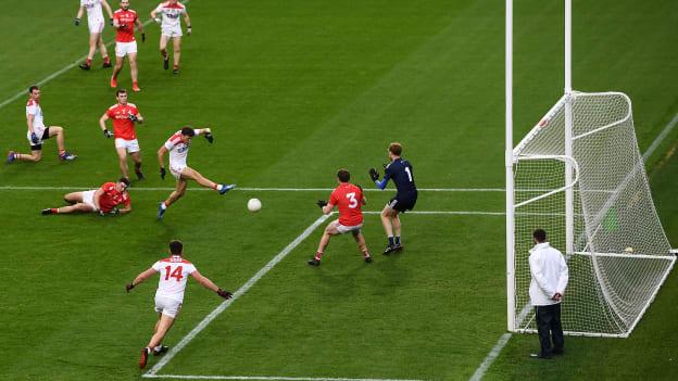 Cork's Mark Collins netting a goal against Louth in the Allianz Football League last month.