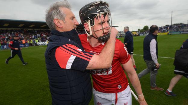 Cork manager Kieran Kingston celebrates with Darragh Fitzgibbon after the Munster GAA Hurling Senior Championship Round 4 match between Waterford and Cork at Walsh Park in Waterford.