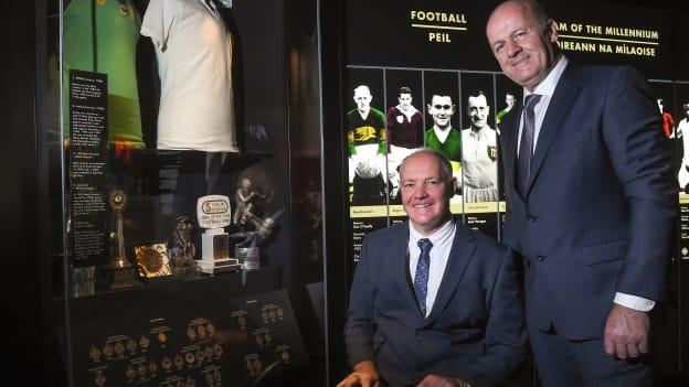 Former Offaly footballer Matt Connor, left, with former Kerry footballer Jack O'Shea during the GAA Museum Hall of Fame – Announcement of 2017 Inductees