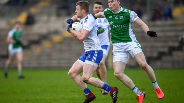 Colin Walshe, Monaghan, and Ronan McCaffrey, Fermanagh, in McKenna Cup action.