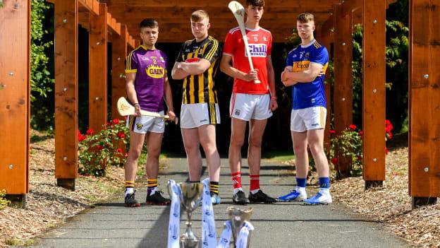 Eoin O’Leary, Wexford, Evan Shefflin, Kilkenny, Robert Downey, Cork, and Jake Morris, Tipperary, pictured at Saint Annes Park in Dublin ahead of the upcoming Bord Gais Energy Leinster and Munster Under 20 Hurling Finals.