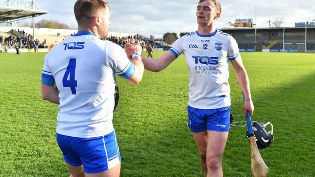 Noel Connors and Pauric Mahony celebrate following Waterford's Allianz Hurling League semi-final win on Sunday.