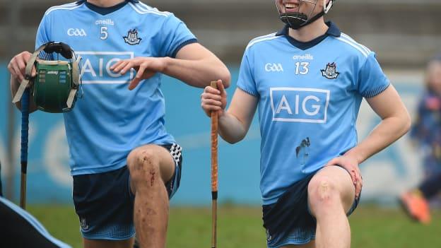 Chris Crummey, left, and Donal Burke of Dublin after the Allianz Hurling League Division 1B Round 4 match between Dublin and Waterford at Parnell Park in Donnycarney, Dublin.