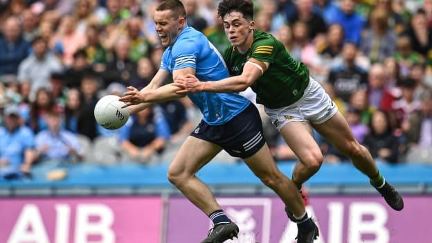 Con O’Callaghan of Dublin is fouled by Eoin Harkin of Meath, resulting in a penalty, during the Leinster GAA Football Senior Championship Semi-Final match between Dublin and Meath at Croke Park in Dublin.