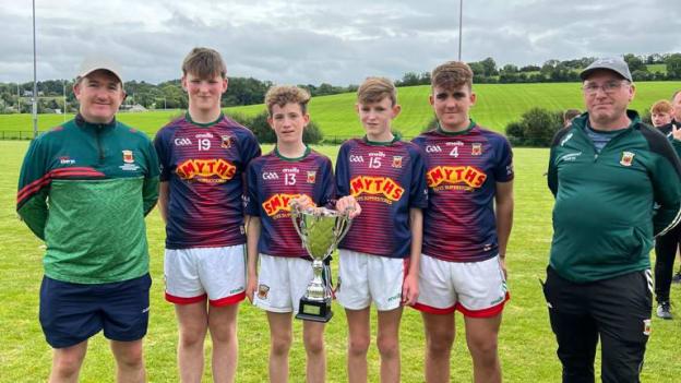 Adrian Hession, left, pictured with Mayo U15 hurlers from Tooreen after they won their Division of the All-Ireland Hibernia Cup in 2022. 