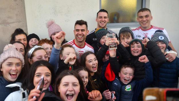 Young Edendork St Malachy's members celebrate Tyrone's Allianz Football League Division One win over Kerry on Sunday with club players Darren McCurry, Niall Morgan and Conn Kilpatrick.