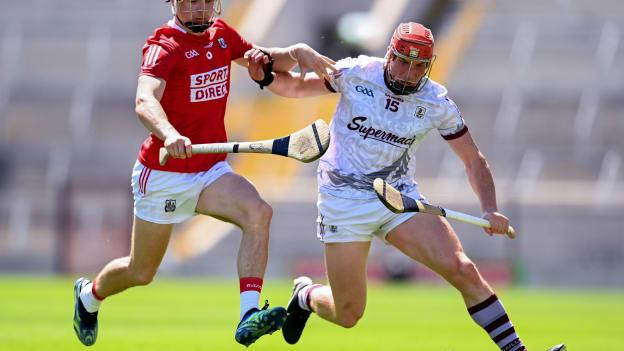 Mark Coleman of Cork in action against Conor Whelan of Galway during the 2021 Allianz Hurling League Division 1 Group A Round 5 match between Cork and Galway at Páirc Ui Chaoimh in Cork.