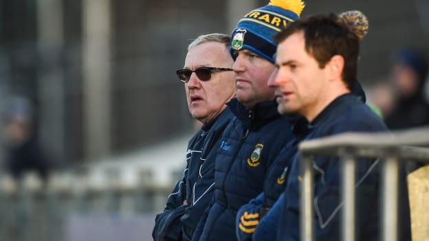 Tipperary coaches Eamonn O'Shea (left) and Darragh Egan (centre) pictured watching the 2019 Allianz Hurling League quarter-final against Dublin.  