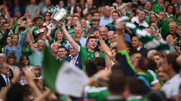 Declan Hannon lifts the Liam MacCarthy Cup after Limerick's victory over Galway in the All-Ireland SHC Final. 