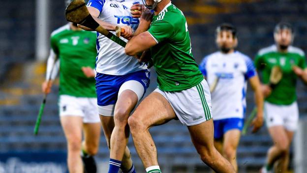 Austin Gleeson, Waterford, and Kyle Hayes, Limerick, collide during the Munster SHC final.