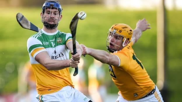 Sean Cleary of Offaly in action against Matthew Donnelly of Antrim during the Kehoe Cup Final match between Antrim and Offaly at Páirc Tailteann in Navan, Meath. 