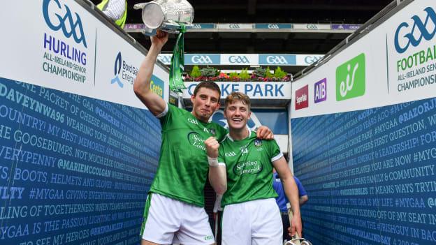 Gearóid Hegarty, left, and Séamus Flanagan of Limerick leave the pitch with the Liam MacCarthy Cup after victory over Galway in the 2018 All-Ireland SHC Final.