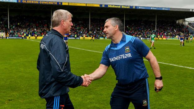 John Kiely and Liam Sheedy shake hands following Tipperary's Munster SHC win over Limerick at Semple Stadium.