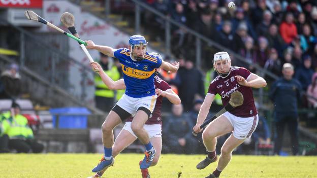 John McGrath, Tipperary, and Shane Cooney, Galway, in Allianz Hurling League action in March.