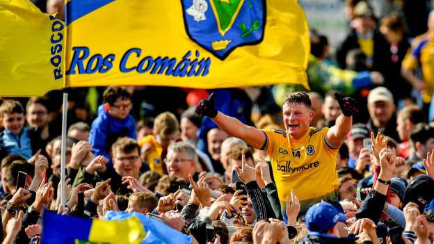 Conor Cox of Roscommon celebrates with supporters following his side's victory during the Connacht GAA Football Senior Championship Final match between Galway and Roscommon at Pearse Stadium in Galway.