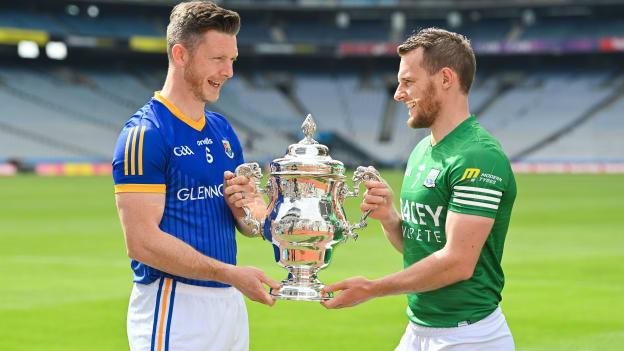 Mickey Quinn, Longford, and Declan McCusker, Fermanagh, pictured with the Tailteann Cup at Croke Park.
