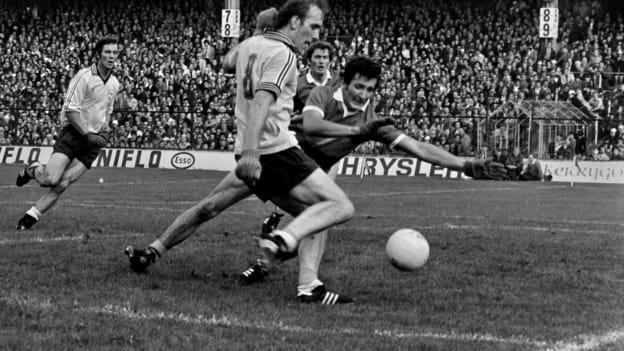 Brian Mullins on the way to scoring a goal in Dublin's 1976 All-Ireland SFC Final victory over Kerry. 