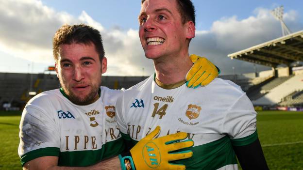 Conor Sweeney, right, and Bill Maher of Tipperary celebrate following the Munster GAA Football Senior Championship Final match between Cork and Tipperary at Páirc Uí Chaoimh in Cork. 