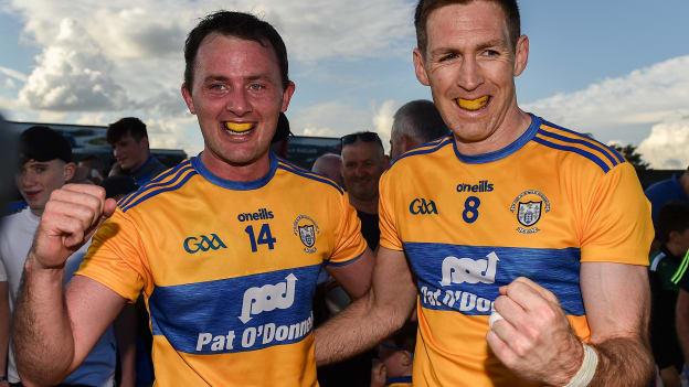David Tubridy, left, and Gary Brennan of Clare celebrate following the GAA Football All-Ireland Senior Championship Round 3 match between Westmeath and Clare at TEG Cusack Park in Mullingar, Westmeath. 