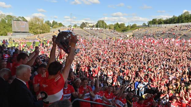 Derry captain Chrissy McKaigue lifts the trophy after his side's victory in the Ulster GAA Football Senior Championship Final between Derry and Donegal at St Tiernach's Park in Clones, Monaghan. 
