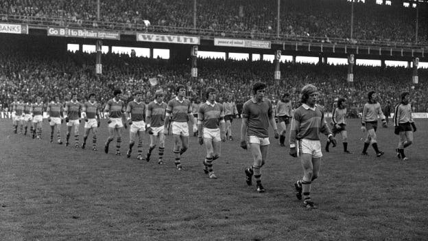 The Kerry and Dublin teams before the 1975 All Ireland SFC Final at Croke Park.