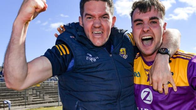 Wexford manager Shane Roche celebrates with Seán Nolan after the Leinster GAA Football Senior Championship Round 1 match between Wicklow and Wexford at County Grounds in Aughrim, Wicklow. 