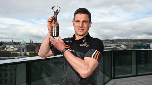 PwC GAA/GPA Player of the Month for April in hurling, John Conlon of Clare, with his award at PwC’s offices in Cork. Photo by Eóin Noonan/Sportsfile.