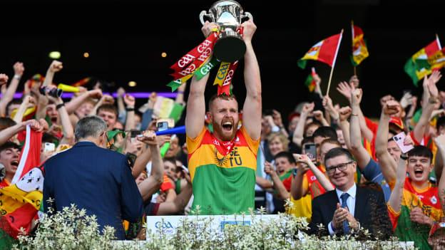 Paul Doyle of Carlow lifts the cup after the Joe McDonagh Cup Final match between Carlow and Offaly at Croke Park in Dublin. Photo by Tyler Miller/Sportsfile.