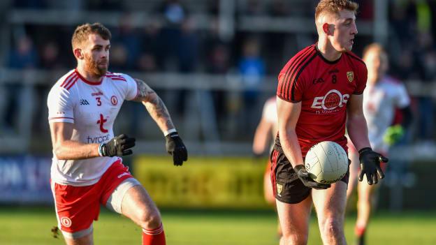 Sean Dornan of Down in action against Ronan McNamee of Tyrone during the Bank of Ireland Dr McKenna Cup Semi-Final match between Tyrone and Down at the Athletic Grounds in Armagh. 