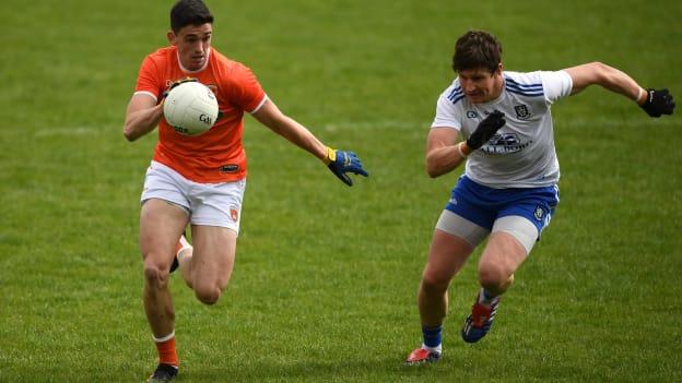 Rory Grugan, Armagh, and Darren Hughes, Monaghan, during the Allianz Football League Division One North encounter at Brewster Park.