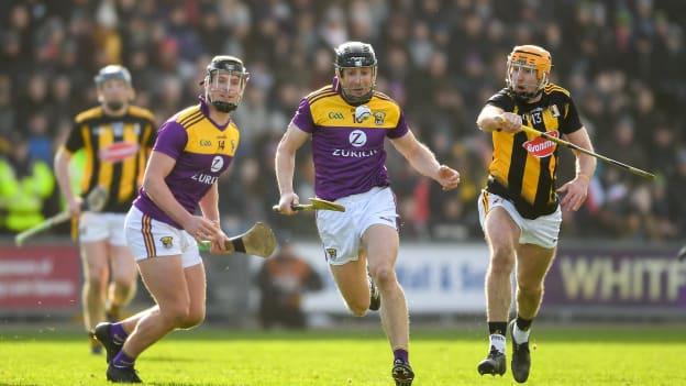 Conor Dunbar of Wexford is tackled by John Donnelly of Kilkenny during the Allianz Hurling League Division 1 Group B Round 3 match between Wexford and Kilkenny at Chadwicks Wexford Park in Wexford. 