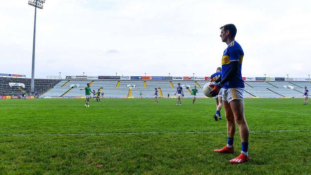 Conor Sweeney of Tipperary prepares to scores a point from a free, late in injury-time of the second half, to equalise and force extra-time in the Munster GAA Football Senior Championship Semi-Final match between Limerick and Tipperary at LIT Gaelic Grounds in Limerick. 