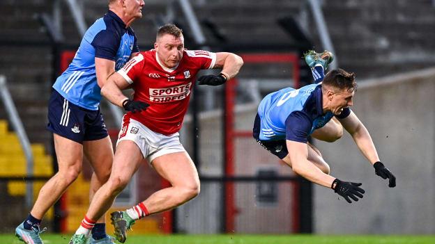 Brian Hurley of Cork collides with John Small of Dublin during the Allianz Football League Division Two match between Cork and Dublin at Páirc Ui Chaoimh in Cork. 