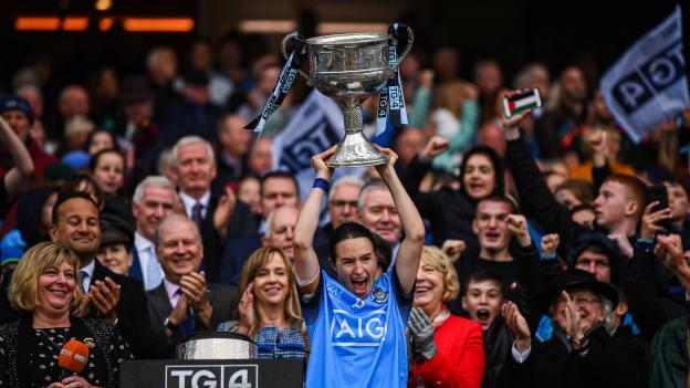 Sinéad Aherne lifts the Brendan Martin Cup following the 2019 TG4 All Ireland SFC Final win over Galway at Croke Park.