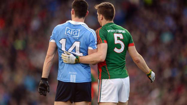Diarmuid Connolly, Dublin, and Lee Keegan, Mayo, during the 2016 All Ireland SFC Final replay at Croke Park.